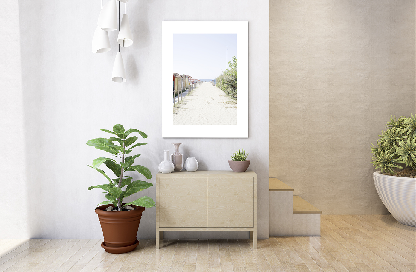 3D illustration mockup blank board with frame on the wall in living room, scandinavian style interior pastel colors and decoration, rendering